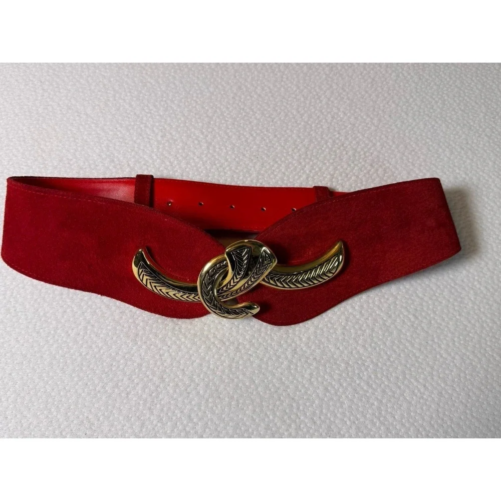 Vintage 80s Wide Red Suede Waist Belt Gold Etched Hook Buckle Statement 29